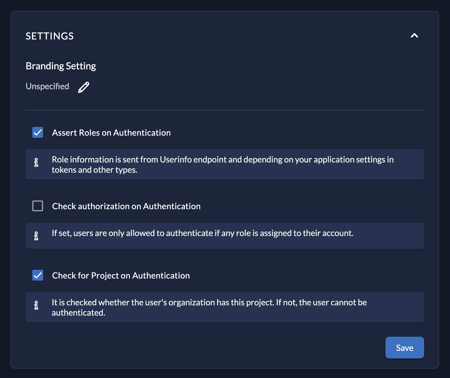 Zitadel Project Settings